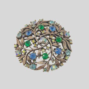 Rare Unsigned Florenza Round Aurora Borealis Blue Green Leaf Brooch Pin Vintage
